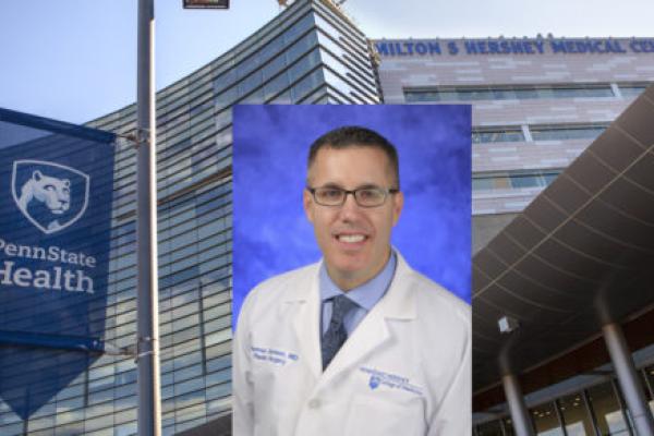 A headshot of Dr. Tom Samson is placed over a stock photo of Penn State Health Children’s Hospital.