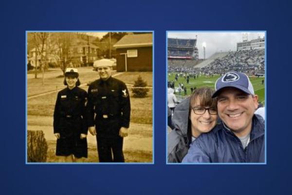 The photograph is a combined image of Mark and Julie Chesney at two different times. In the left side, taken in 1997, they are dressed in their hospital corpsman Navy uniforms standing in front of several military buildings. On the right side they are dressed in Penn State University windbreaker jackets attending a football game. Mark is wearing a Penn State cap. In the background is a large football stadium with a crowd in the seats.